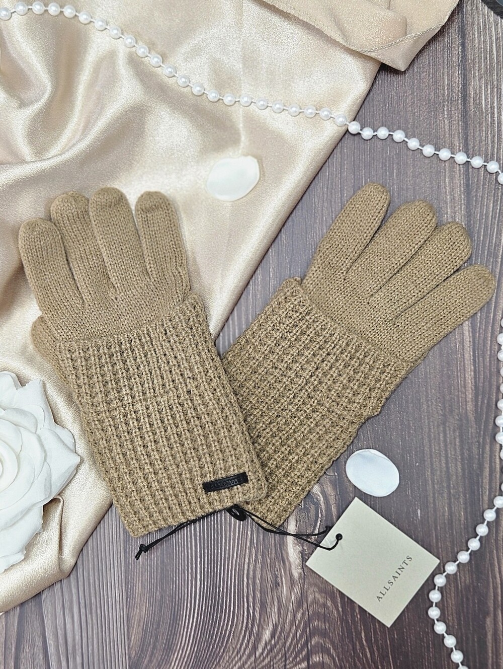 All Saints Mixed Stitch Knit Gloves Tannins Brown Wool Blend Outdoor Winter